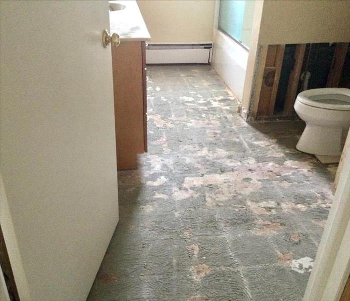a bathroom with flooring and drywall flood cut due to water loss