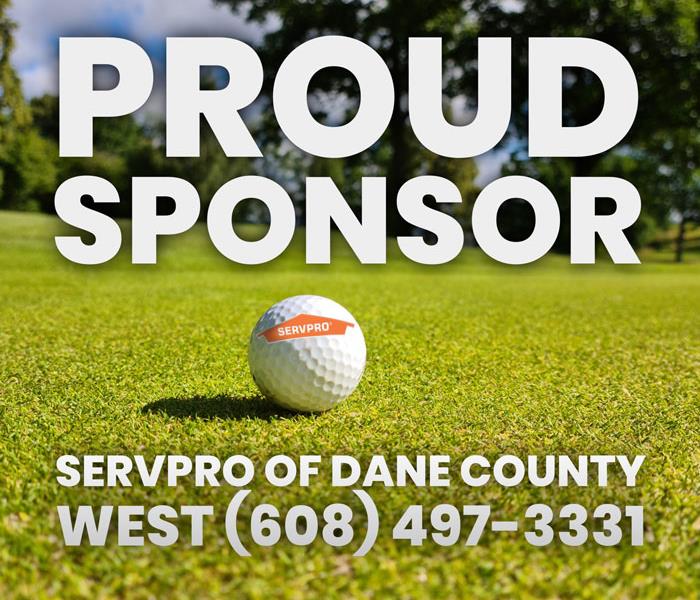 golf ball with SERVPRO logo and caption reading Proud Sponsor - SERVPRO of Dane County West