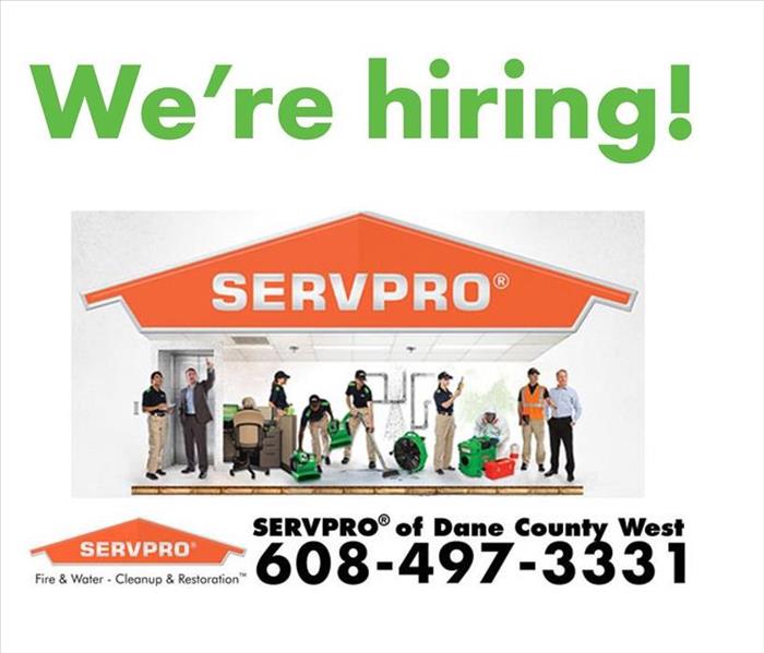 SERVPRO logo with images of SERVPRO workers and Caption saying We're Hiring
