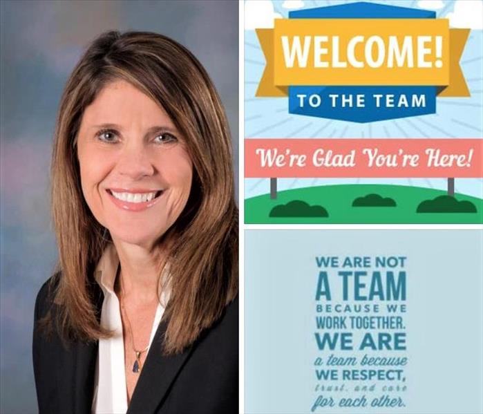 Female with brown hair wearing a dark blazer with a graphic saying Welcome to the Team, We're glad you're here