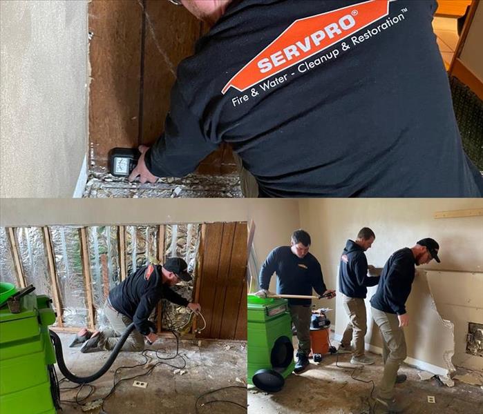 a collage of SERVPRO technicians wearing SERVPRO uniforms working on a water loss job by monitoring and removing drywall