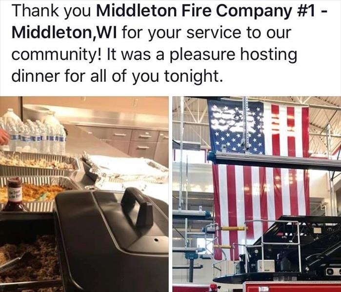 a snapshot of a fb post thanking middleton fire department for their service by hosting a dinner buffet spread