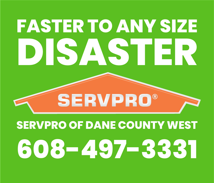 a SERVPRO logo with "Faster to any size disaster" slogan 